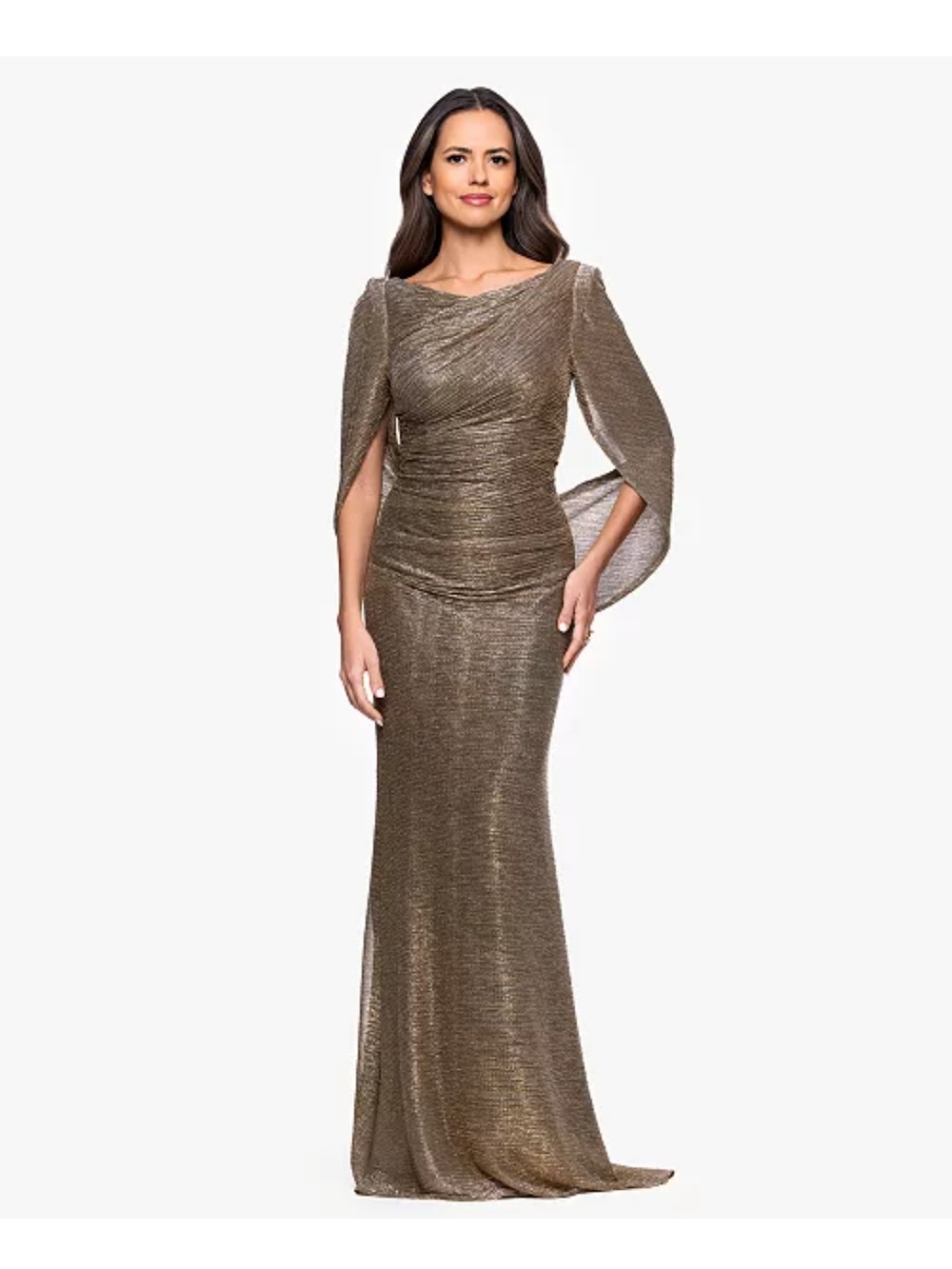 Betsy & Adam Metallic Crinkle Drape Boat Neck Gown
